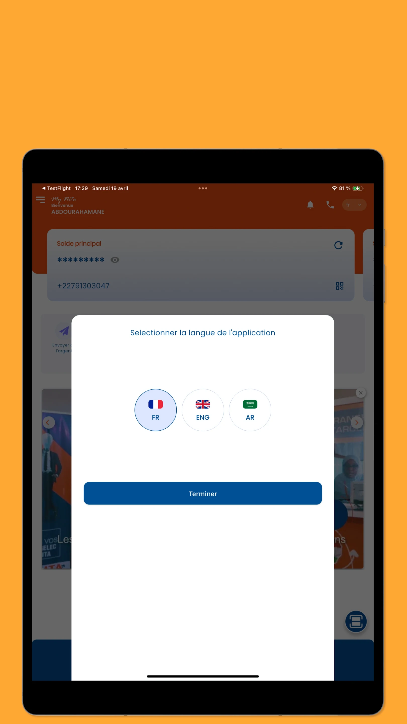 Choix de langue dans l'application MyNITA